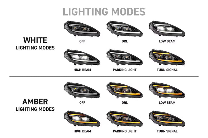 Morimoto XB Evo LED headlights for 2005-2013 C6 Corvette showing amber and white daytime running light modes