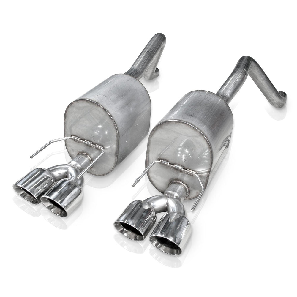 Quad 4-inch slash cut conical double wall polished tips on Stainless Works axle-back for 2005–2013 C6 Corvette