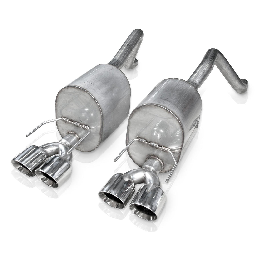 Quad 4-inch slash cut conical double wall polished tips on Stainless Works axle-back for 2005–2013 C6 Corvette