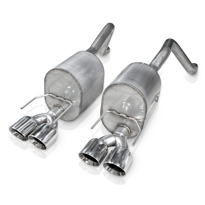 Quad 4-inch slash cut conical double wall polished tips on Stainless Works axle-back for 2005–2013 C6 Corvette