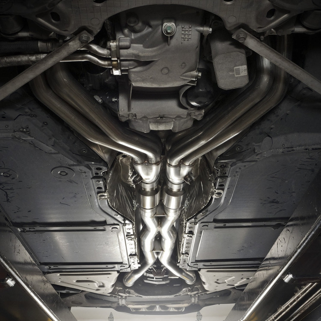 Stainless Works ZO62CAT 2-inch long tube headers installed on 2006–2013 C6 Corvette Z06 LS7 engine bay