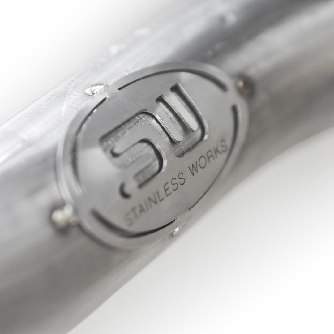 Stainless Works logo stamp detail on 304 stainless 2-inch long tube headers for 2006–2013 C6 Corvette Z06