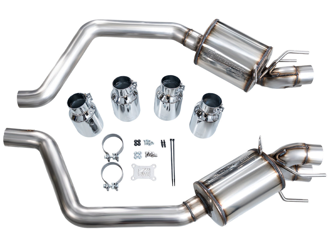 AWE Touring axle-back components with chrome tips shown for C6 Corvette Z06/ZR1 fitment
