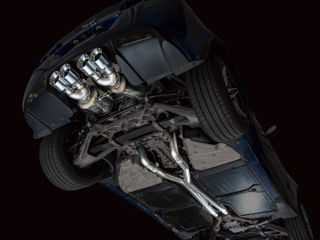 Undercar view of AWE Touring axle-back installed on a C6 Corvette Z06/ZR1 with chrome tips