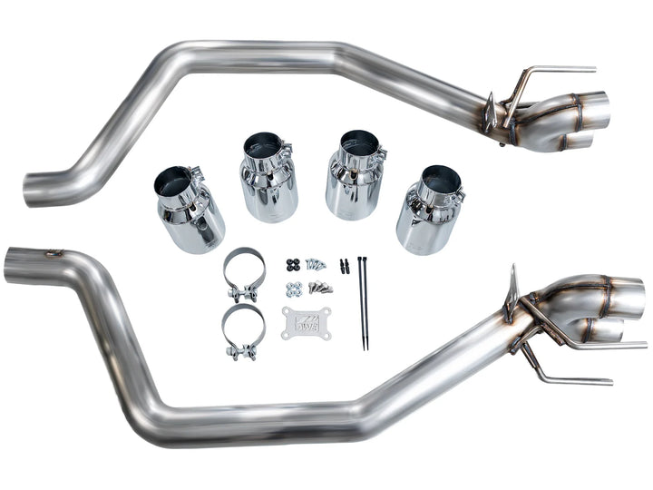 AWE Track Edition axle-back kit components laid out for C6 Corvette Z06/ZR1 fitment
