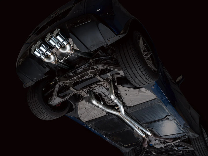 Rear axle-back section view of AWE Track Edition exhaust on C6 Corvette Z06/ZR1 (aggressive tone setup).