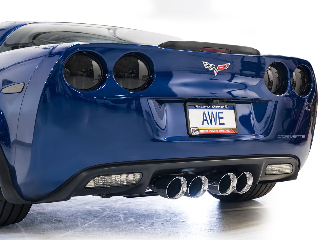 C6 Corvette Z06/ZR1 rear view with AWE Track Edition chrome silver tips