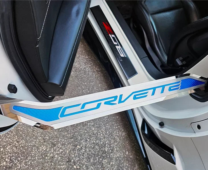 C7 Corvette ACC corvette door prop, driver script close up blue
