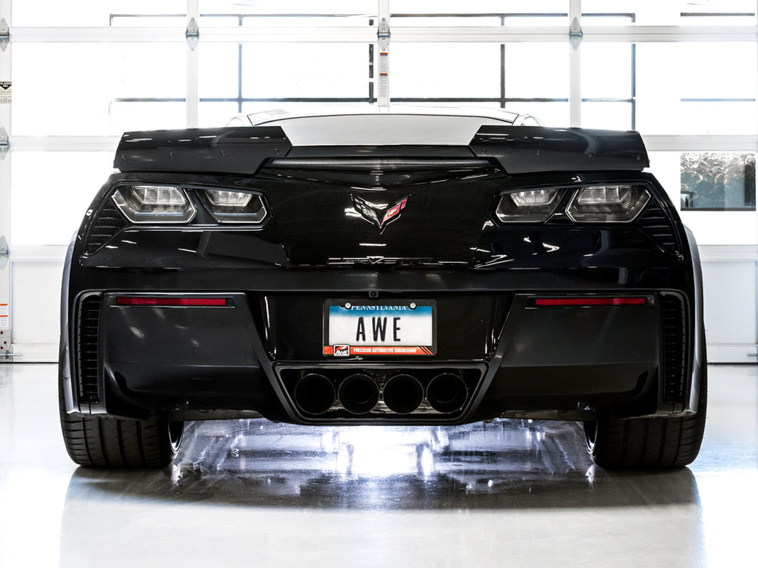 Rear view of four AWE Diamond Black exhaust tips on a C7 Corvette