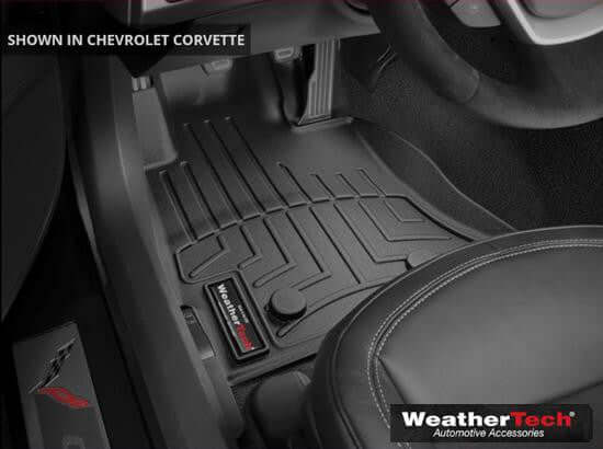 Black WeatherTech FloorLiners for 2017-2019 C7 Corvette Grand Sport Coupe and Convertible front footwells.