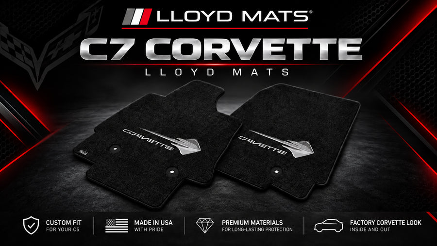 C7 Corvette Lloyd Mats custom-fit floor mats with Corvette logo for 2014–2019 Stingray, Grand Sport, Z06 and ZR1 models.