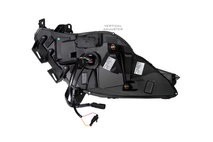 Rear view of Morimoto LF463 C7 Corvette headlight housing and factory connectors