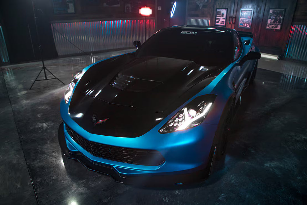 Morimoto LF463 Gen I LED headlights installed on C7 Corvette three-quarter front view