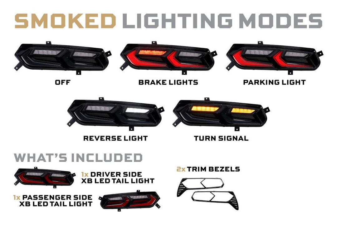 Morimoto smoked C7 Corvette tail lights showing parking, brake, turn signal and reverse modes