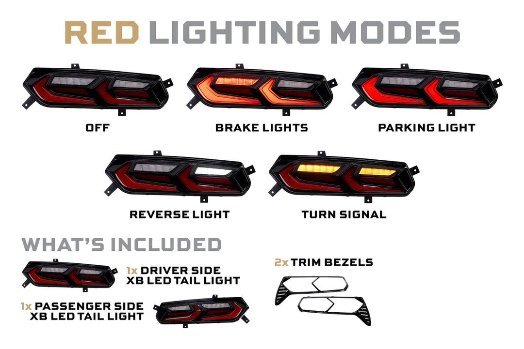 Morimoto red C7 Corvette tail lights showing parking, brake, turn signal and reverse lighting modes