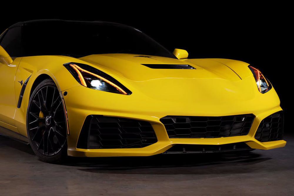 Morimoto LF779 Gen II LED headlights installed on C7 Corvette front 3/4 view
