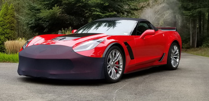 NoviStretch FBM750V front bumper mask fitted to a red wide-body C7 Corvette convertible, front three quarter view