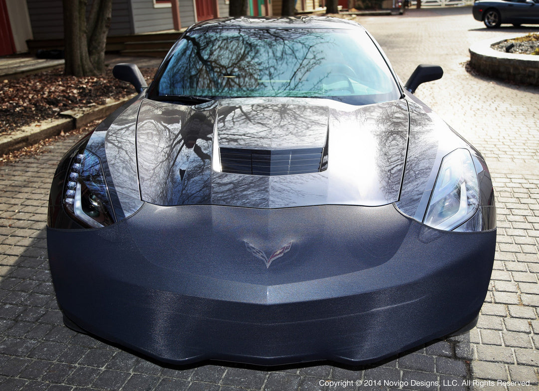 NoviStretch FBM750V front bumper mask fitted to a grey C7 Corvette Stingray, head on, covering the nose and the lower fascia