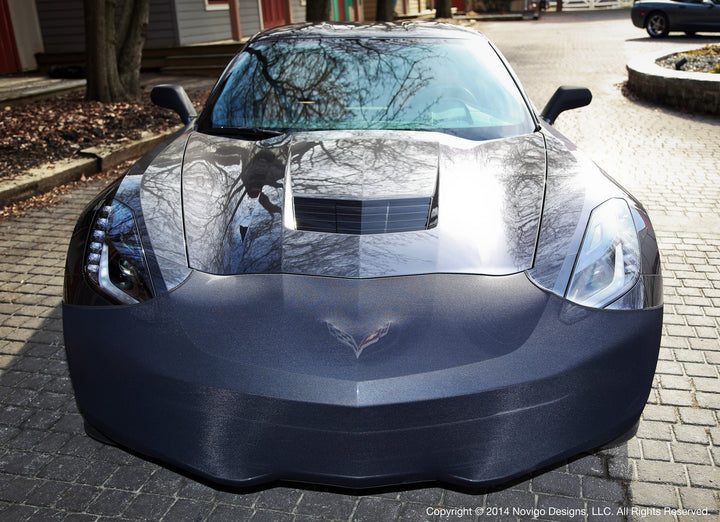 NoviStretch FBM750V front bumper mask fitted to a grey C7 Corvette Stingray, head on, covering the nose and the lower fascia
