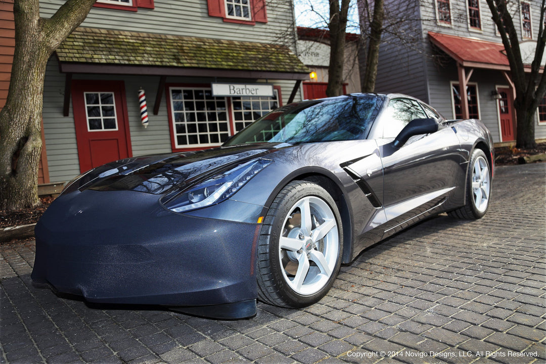 Front three quarter view of a grey C7 Corvette Stingray coupe wearing the NoviStretch FBM750V front bumper mask