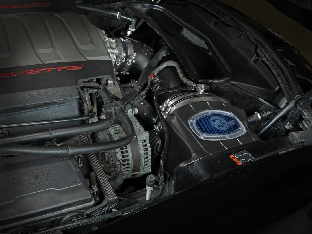 aFe Momentum Pro 5R cold air intake installed in a C7 Corvette Stingray LT1 engine bay