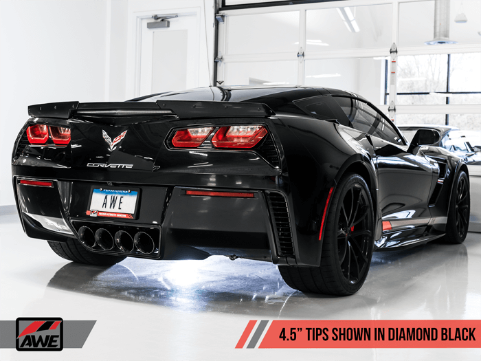 Three-quarter view of C7 Corvette Stingray with AWE Track Edition diamond black exhaust tips