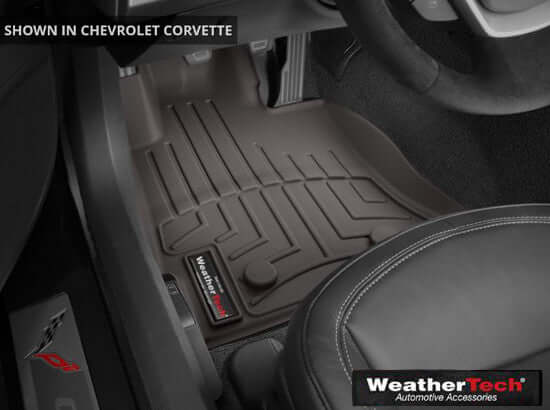 Cocoa WeatherTech FloorLiners for 2015-2019 C7 Corvette Z06 Coupe and Convertible front footwells.