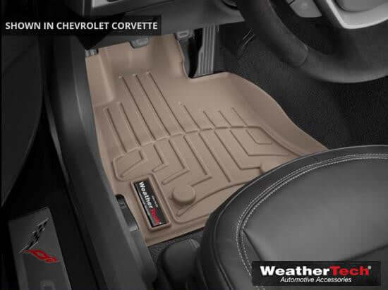 Tan WeatherTech FloorLiners for 2015-2019 C7 Corvette Z06 Coupe and Convertible front footwells.