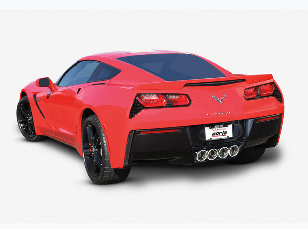 Rear three-quarter view showing quad center rear exit polished intercooled tips on Borla ATAK 11856 for C7 Stingray with NPP