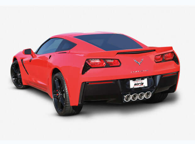 Rear three-quarter view showing quad center-exit polished tips on Borla ATAK 11863 for C7 Stingray without NPP