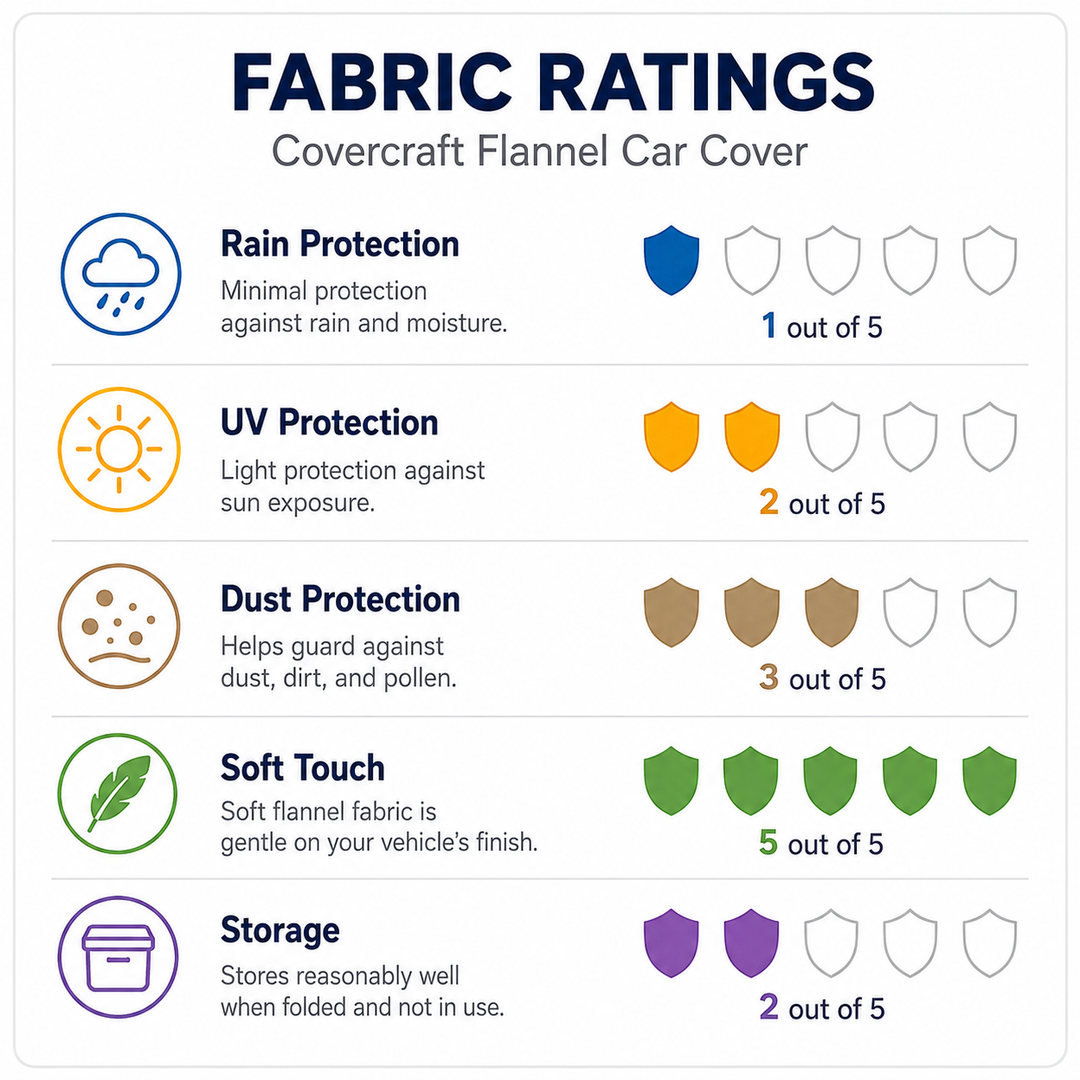Covercraft Tan Flannel fabric ratings for C7 Corvette Stingray indoor dust protection, soft touch, and garage storage