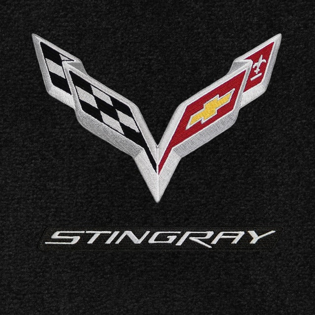 C7 Corvette Stingray Lloyd Mats Ultimat double logo with silver Cross Flags and silver Stingray script