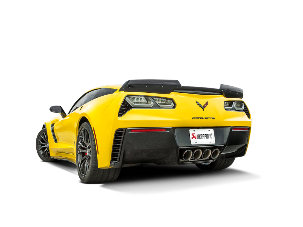 Installed rear three-quarter view of Akrapovic exhaust on C7 Corvette Z06