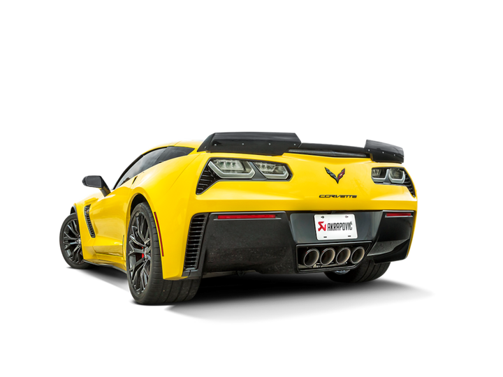 Installed rear three-quarter view of Akrapovic exhaust on C7 Corvette Z06