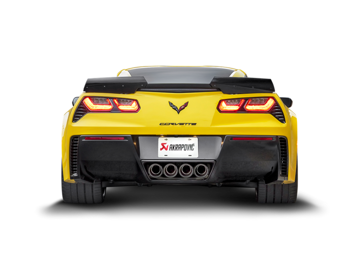Installed rear view of Akrapovic exhaust on C7 Corvette Z06