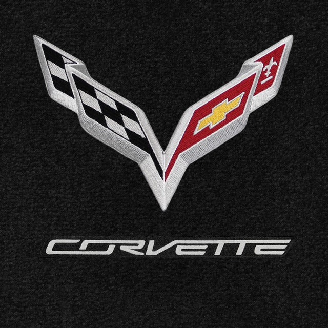 C7 Corvette Z06 Lloyd Mats Velourtex double logo with silver Cross Flags and silver Corvette script