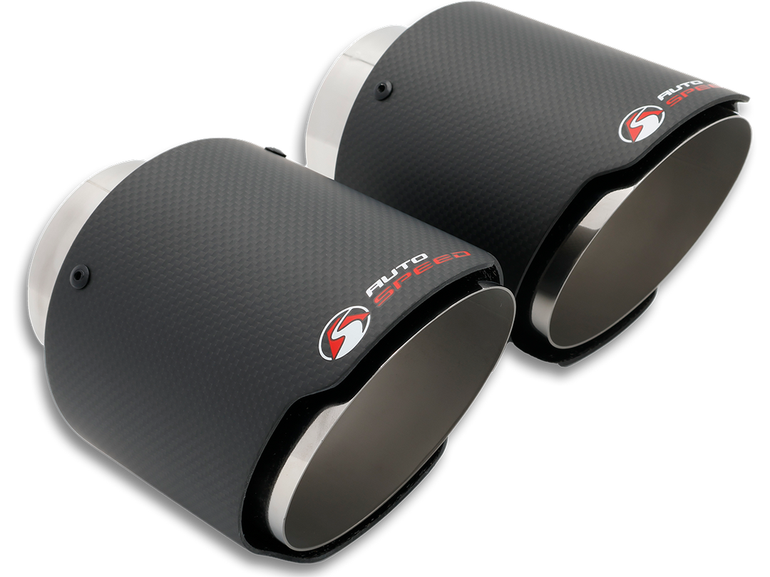 Pair of 4.5 inch carbon fiber exhaust tips with the AutoSpeed logo printed on the shroud