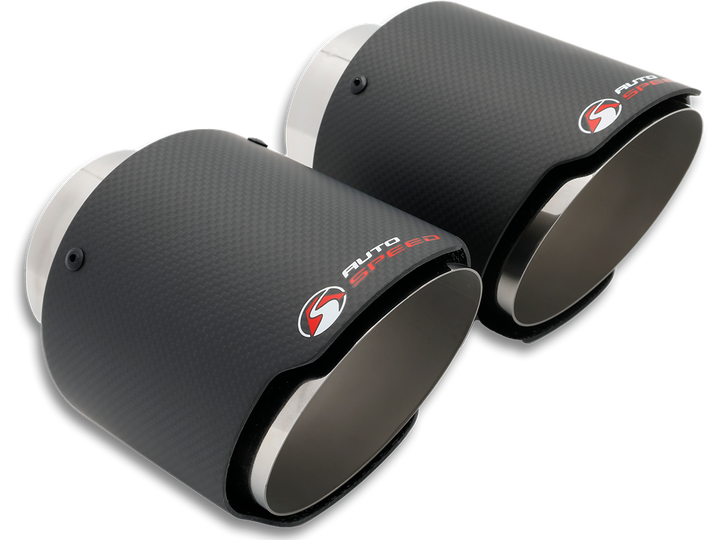 Pair of 4.5 inch carbon fiber exhaust tips with the AutoSpeed logo printed on the shroud