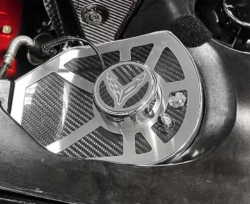 ACC 883041 carbon-fiber shock-tower insert with brushed stainless trim and a C8 emblem cap in a 2020–2022 Corvette Coupe