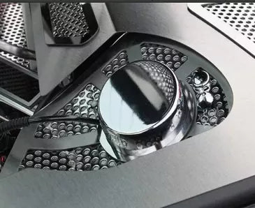 ACC 883030 perforated stainless shock-tower insert with a plain chrome cap installed in a 2020–2022 C8 Corvette Coupe engine bay