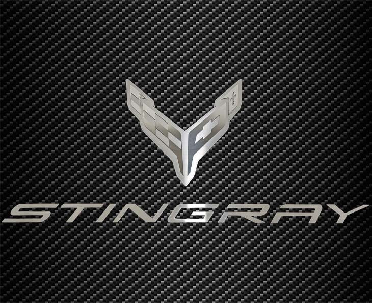 C8 Corvette crossed-flags and Stingray hood badge; carbon-pattern hood panel not included.