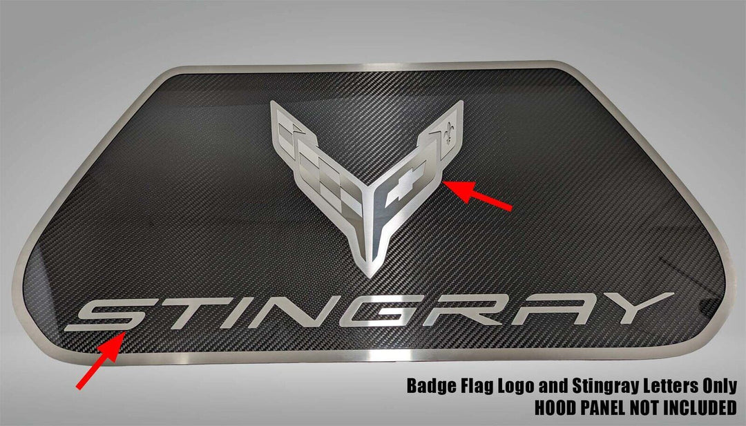 ACC 883051 Stingray badge shown on a separate C8 Corvette hood panel; panel not included.