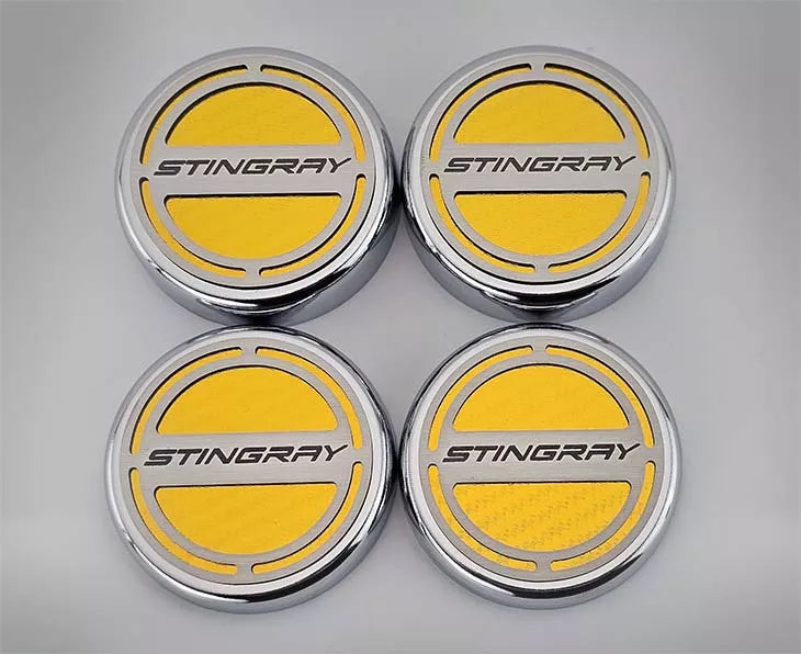 C8 Corvette Stingray ACC Stingray four-piece cap covers with yellow closeup vinyl inlays