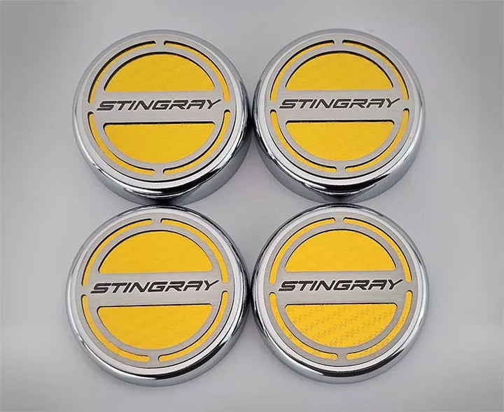 C8 Corvette Stingray ACC Stingray four-piece cap covers with yellow closeup vinyl inlays