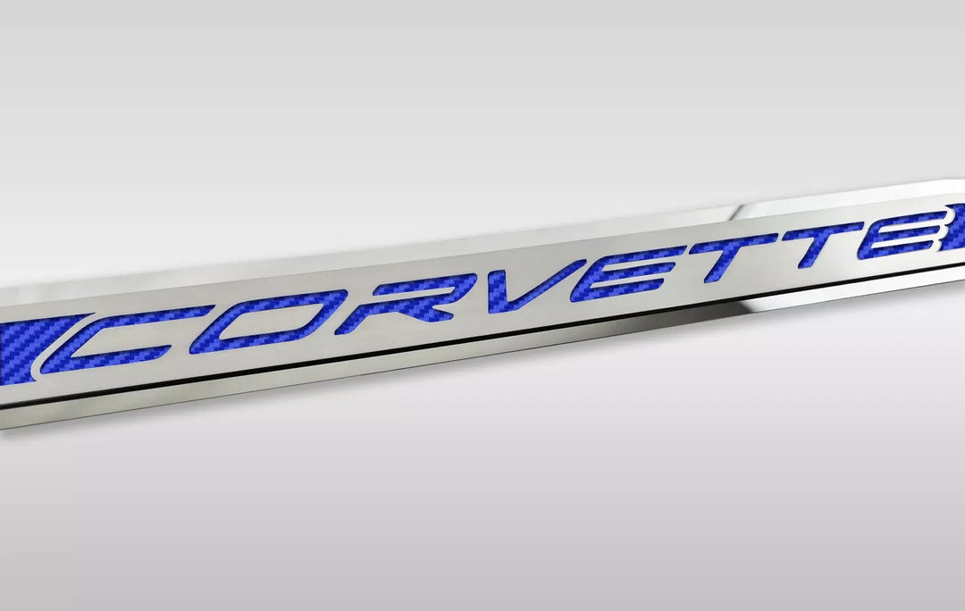 C8 Corvette ACC corvette door prop, blue carbon-fiber-pattern inlay, driver example