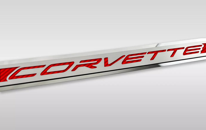 C8 Corvette ACC corvette door prop, red carbon-fiber-pattern inlay, driver example