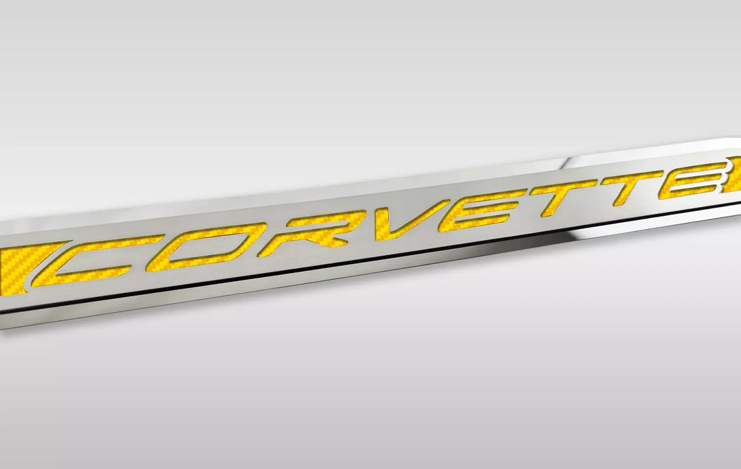 C8 Corvette ACC corvette door prop, yellow carbon-fiber-pattern inlay, driver example