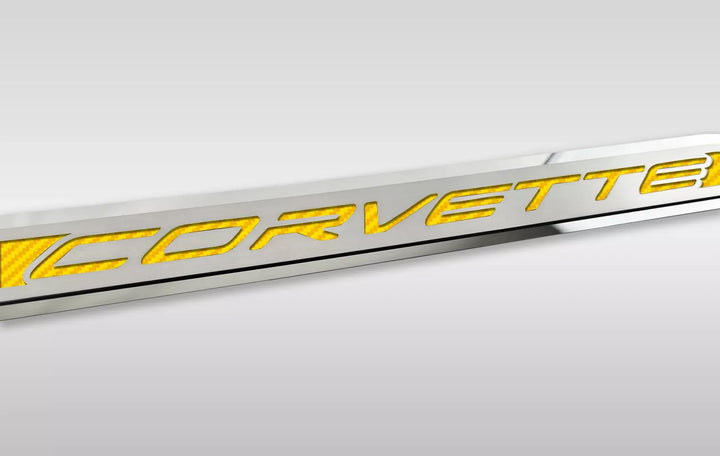 C8 Corvette ACC corvette door prop, yellow carbon-fiber-pattern inlay, driver example
