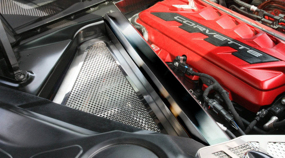 American Car Craft C8 Corvette perforated header guard kit installed with a polished rear crossmember cover