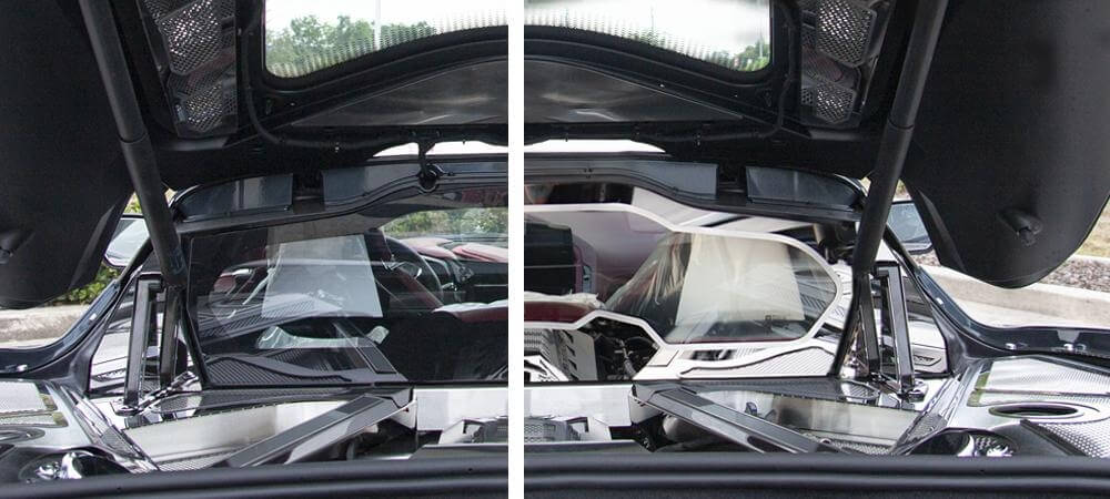Side-by-side view of a C8 Corvette Coupe rear window area before and after installation of the ACC frame